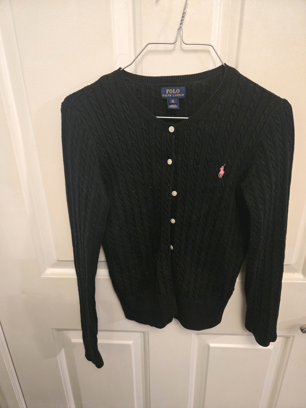Girl's Polo by Ralph Lauren Black Cable-Knit Cardigan with Pink Pony